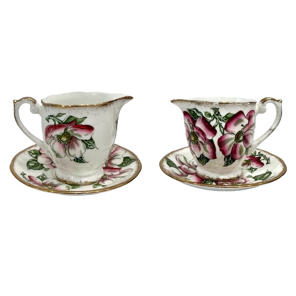 QUEEN ANNE MAGNOLIA BONE CHINA SET OF 5 CUPS & SAUCERS & 1 CREAMER WITH SAUCER - Picture 3 of 16
